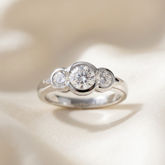 Coralie round brilliant diamond three stone engagement ring, side view