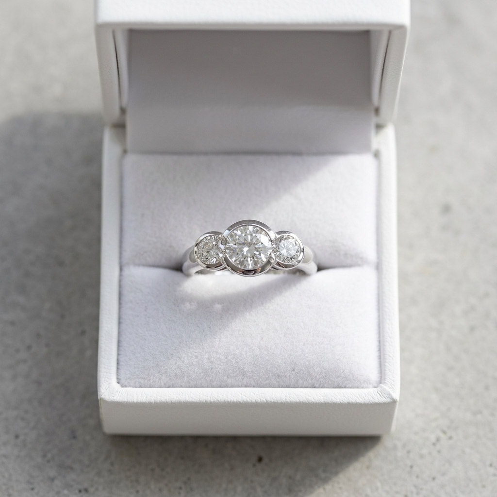 Coralie round brilliant diamond three stone engagement ring, profile view