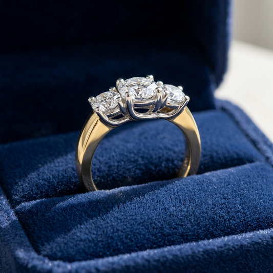 Rosalind round brilliant diamond three stone engagement ring in yellow gold, side view