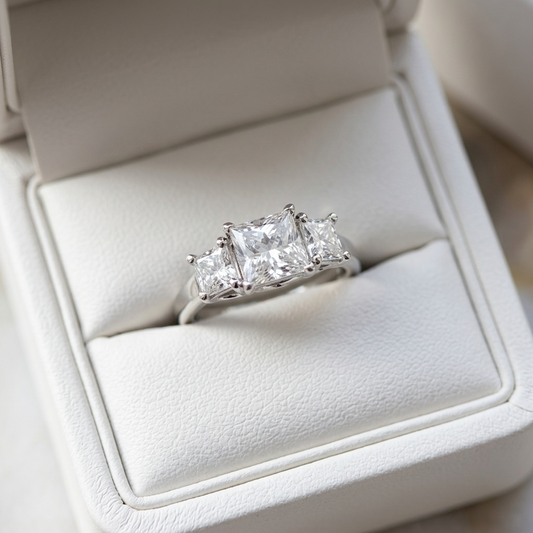 Josephine princess cut diamond three stone engagement ring, top view