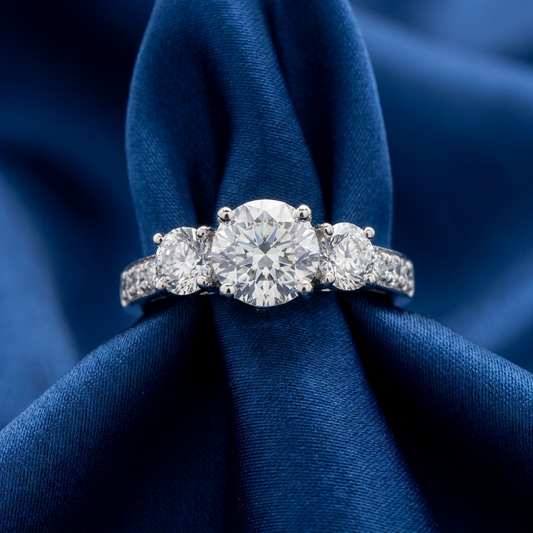 Clemence round brilliant diamond three stone engagement ring, side detail
