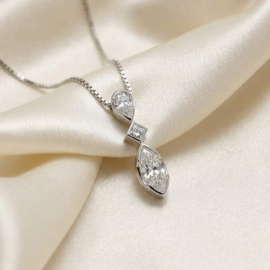 Three stone marquise diamond pendant - side view