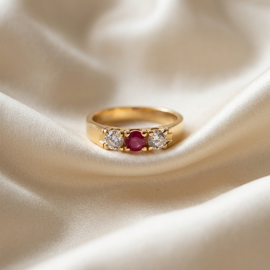 Antique style ruby and diamond three stone ring - side view