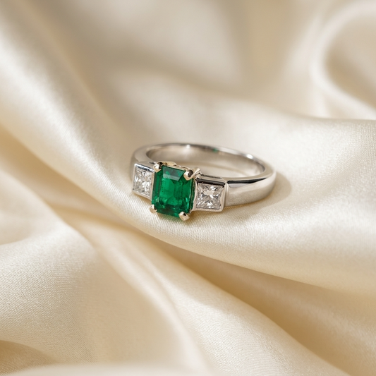 African emerald and princess cut diamond ring - side view