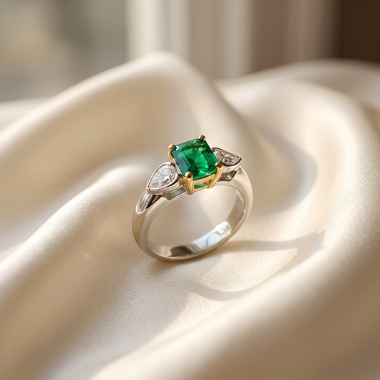 African emerald and pear shape diamond ring - side view