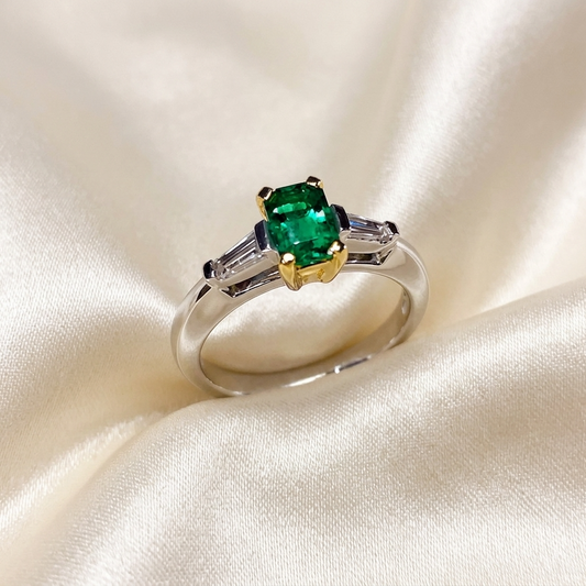 African emerald and tapered baguette diamond ring - side view