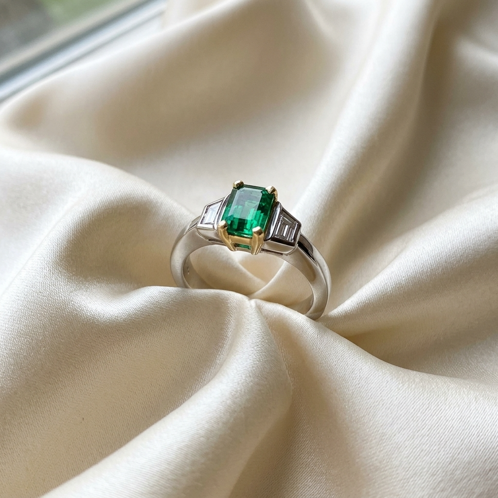 African emerald and trapezoid diamond ring - detail view