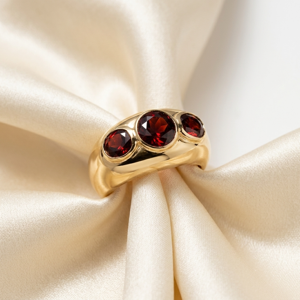 Garnet trilogy gold dome dress ring - detail view