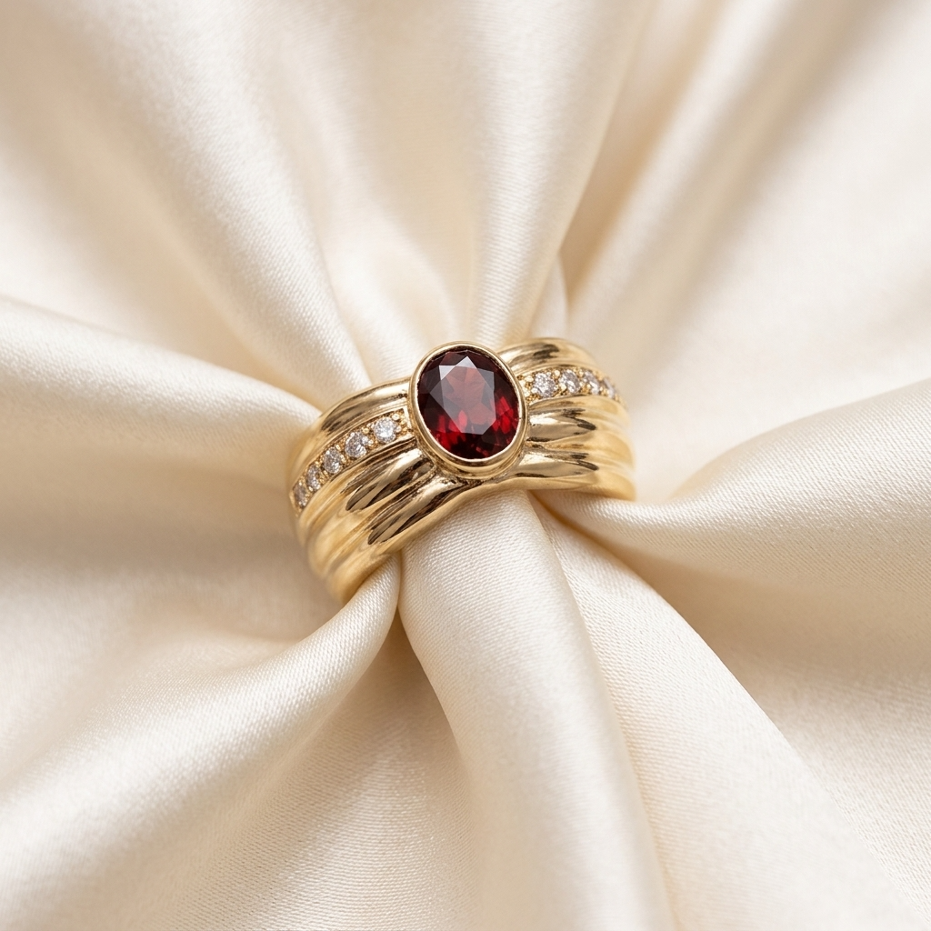 Oval garnet and diamond gold ring - angled view