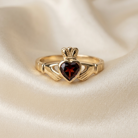 Garnet Claddagh dress ring - side view