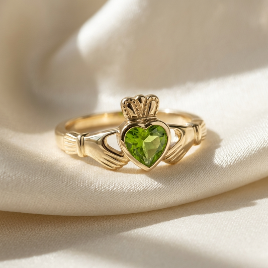 Peridot Claddagh dress ring - side view