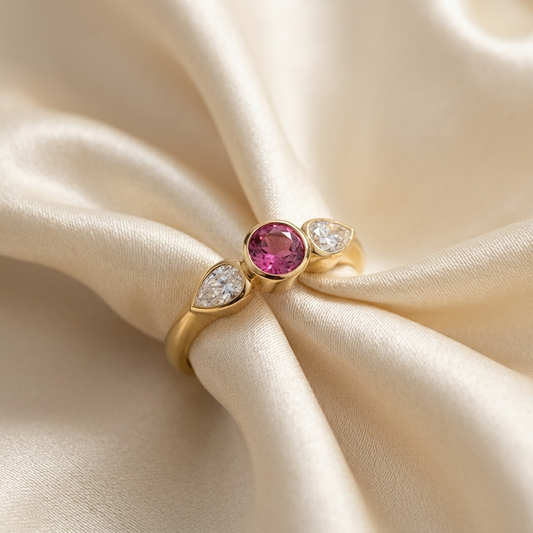 Pink tourmaline and pear shape diamond ring - side view