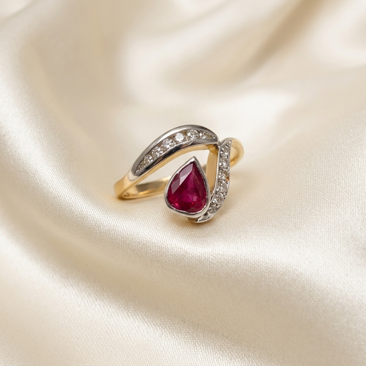 Pear shape ruby and diamond ring - angled view
