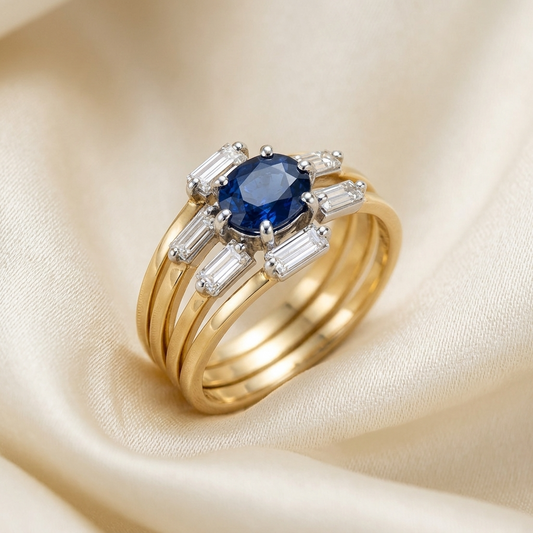 Oval Australian blue sapphire and baguette diamond dress ring - side view