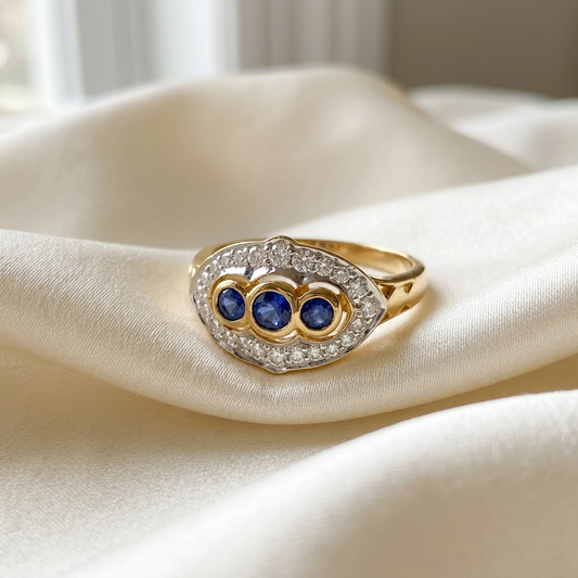 Antique style Ceylon sapphire and diamond ring - side view