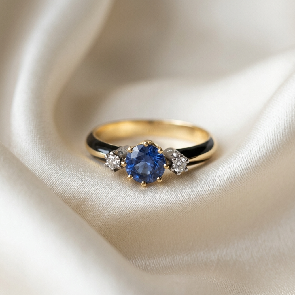 Round Ceylon sapphire and diamond trilogy ring - detail view