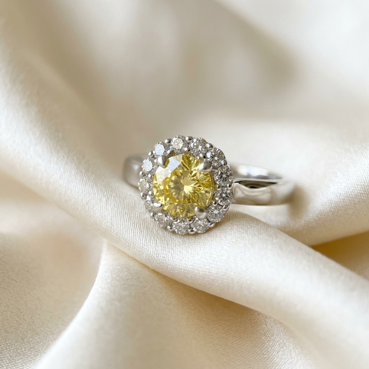 Round yellow sapphire and diamond halo ring - side view