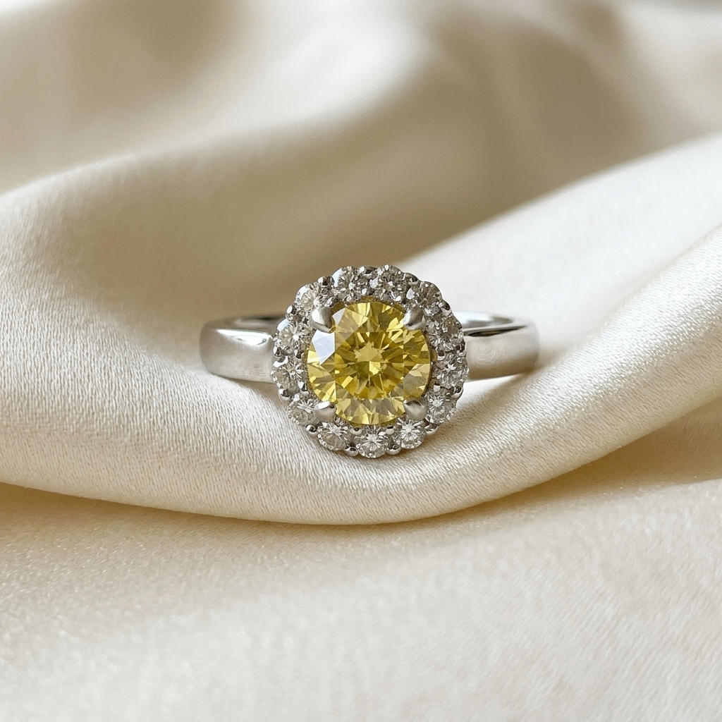 Round yellow sapphire and diamond halo ring - angled view