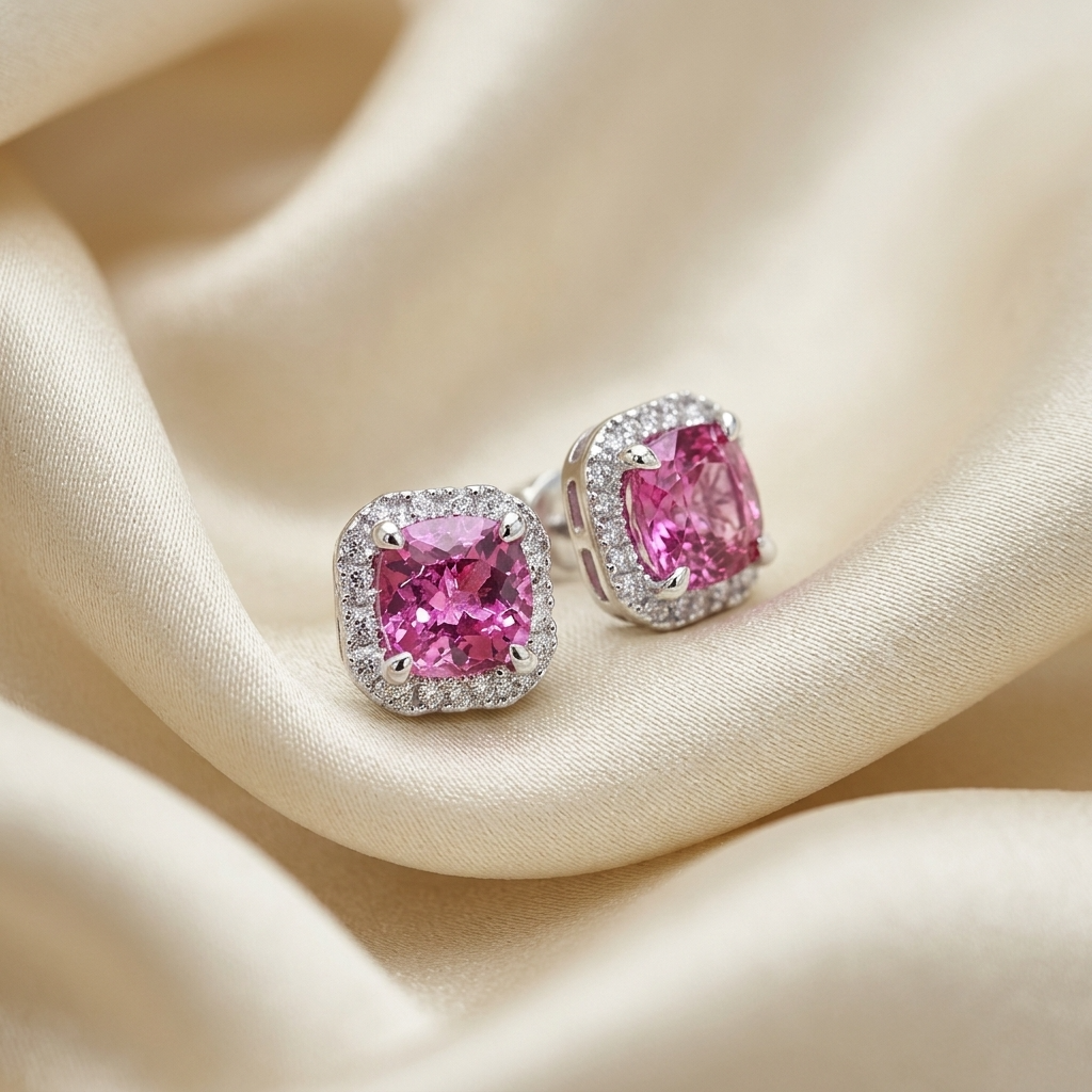 Pink spinel and diamond halo earrings - close up