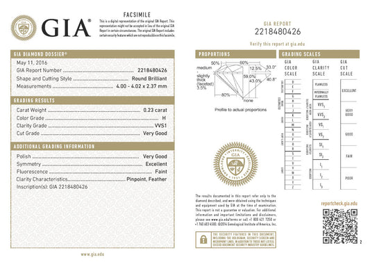GIA Certificate Round Diamond 0.23ct H VVS1