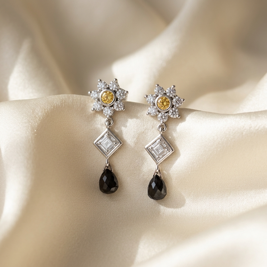 Flower cluster diamond drop earrings - angled view