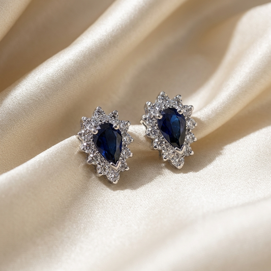 Pear shape sapphire and diamond earrings - side view