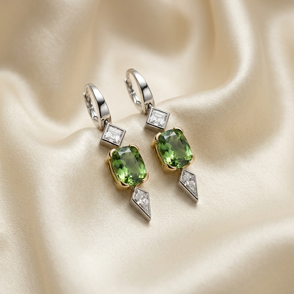 Tourmaline and diamond drop earrings - detail view