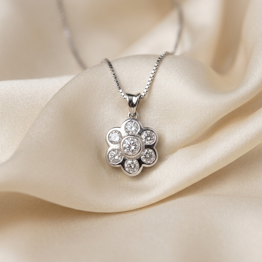 Diamond flower pendant with white gold bail - angled view