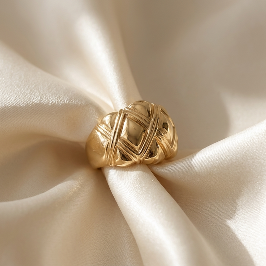 Yellow gold quilted dome ring - side view