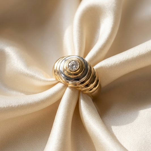 Two tone gold diamond ribbed ring - side view