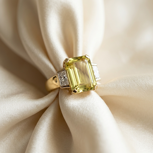 Golden beryl and trapezoid cut diamond ring - side view