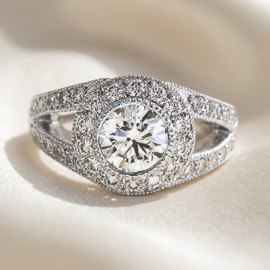 Round brilliant diamond halo engagement ring in 18ct white gold — Diamond Imports Australia. © Diamond Imports 2026
