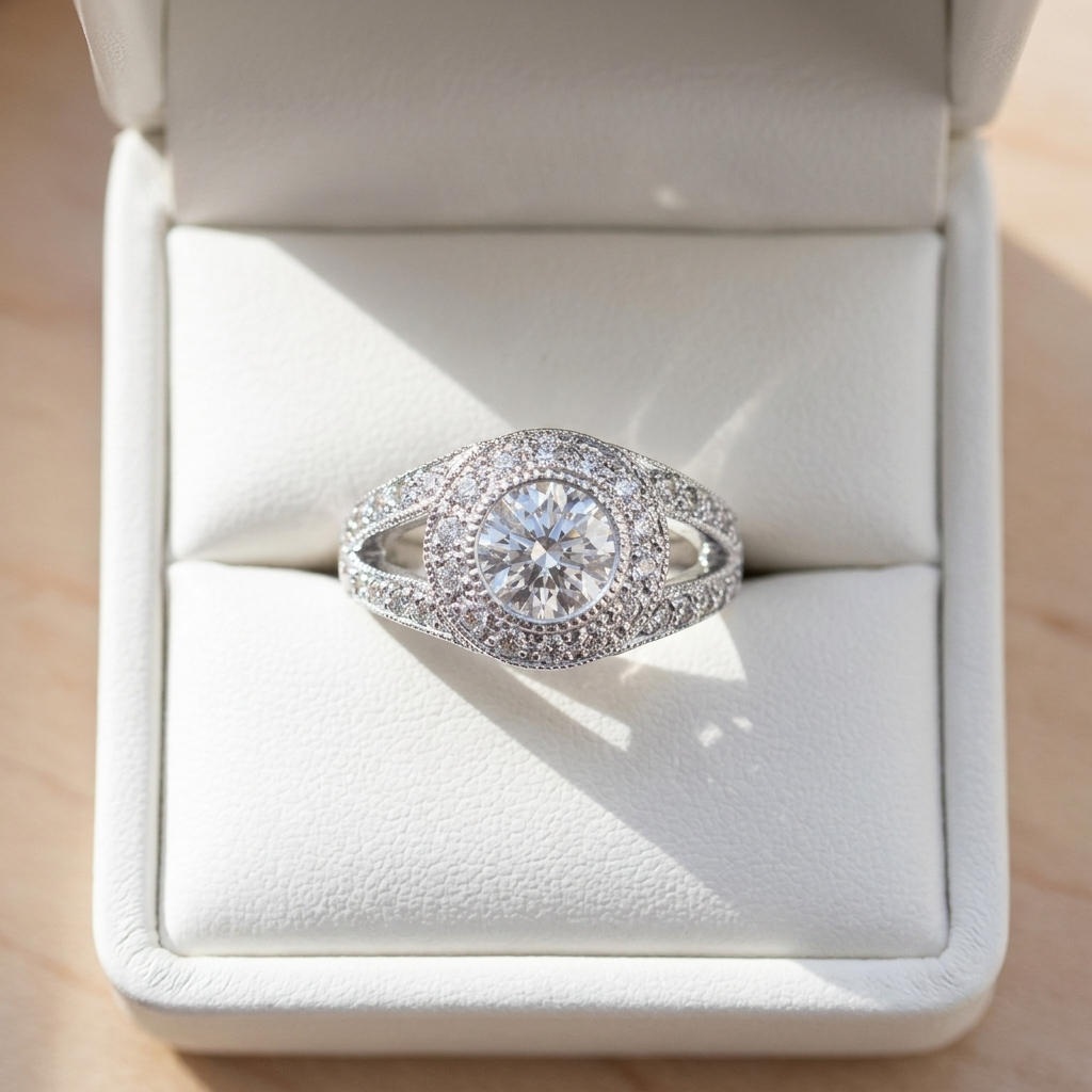 Round brilliant diamond halo engagement ring in 18ct white gold — Diamond Imports Australia. © Diamond Imports 2026