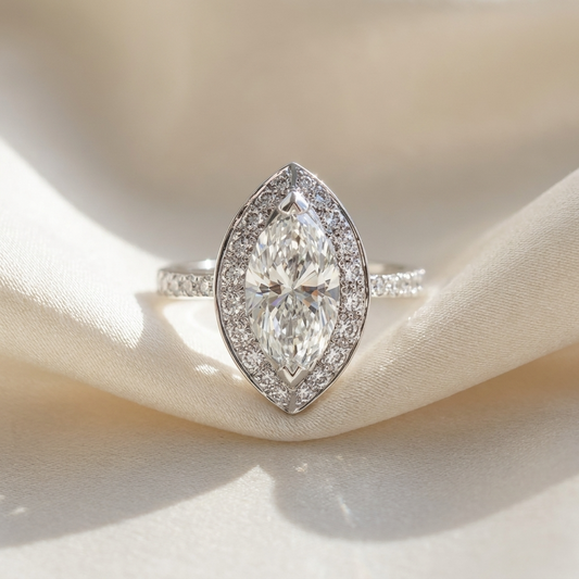 Marquise cut diamond halo engagement ring in 18ct white gold — Diamond Imports Australia. © Diamond Imports 2026