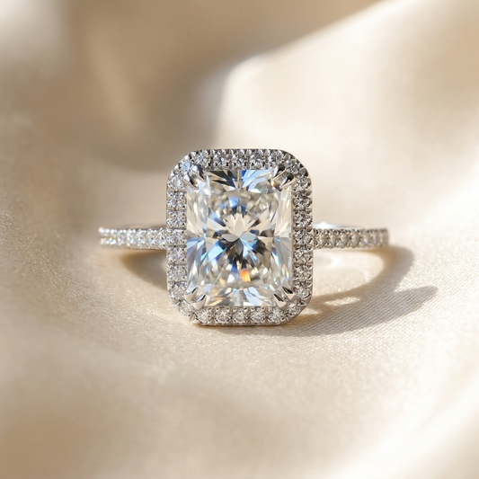 Radiant cut diamond halo engagement ring in 18ct white gold — Diamond Imports Australia. © Diamond Imports 2026