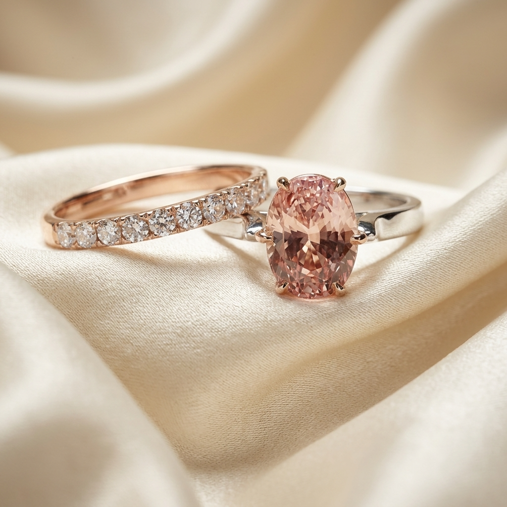 Padparadscha sapphire solitaire ring with matching rose gold diamond wedding ring — handcrafted in Sydney