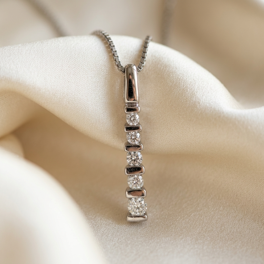 5 stone graduated bar set diamond pendant - front view