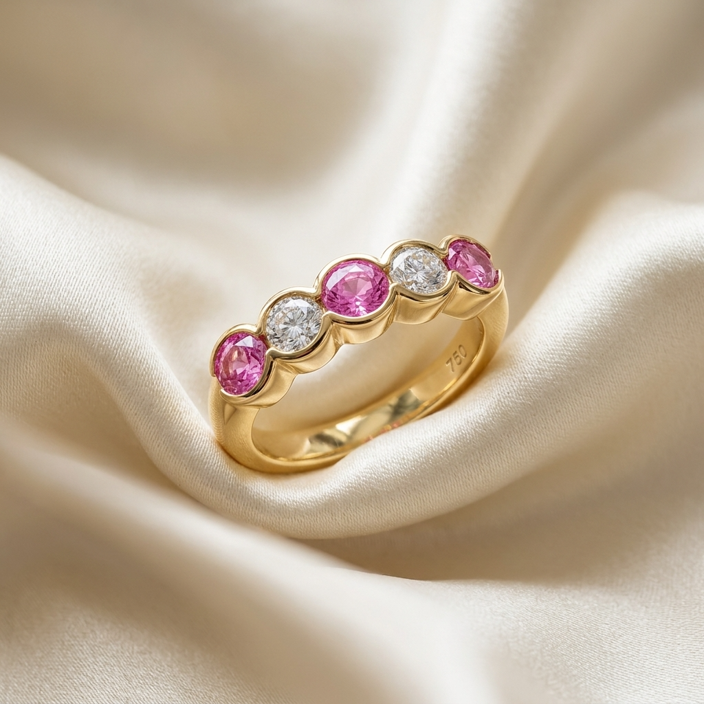 Pink sapphire and diamond eternity ring - detail view