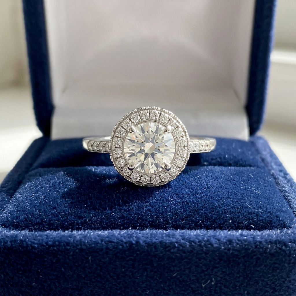 Elara round brilliant diamond halo engagement ring, detail view