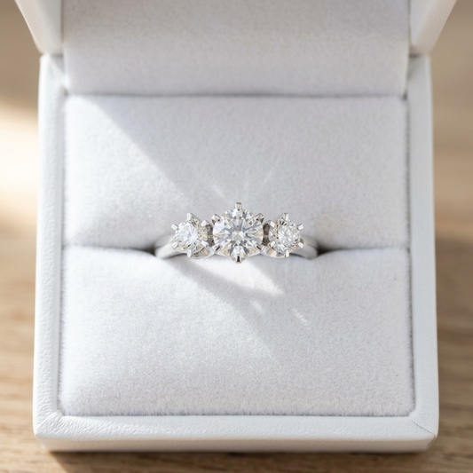 Louise round brilliant diamond three stone engagement ring, front view