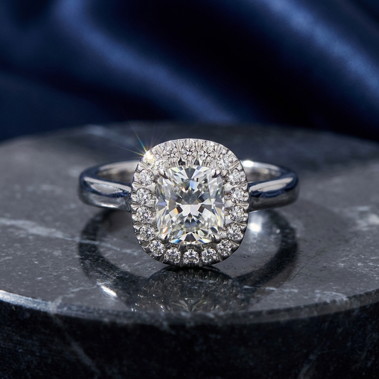 Cushion cut diamond halo engagement ring in 18ct white gold — Diamond Imports Australia. © Diamond Imports 2026