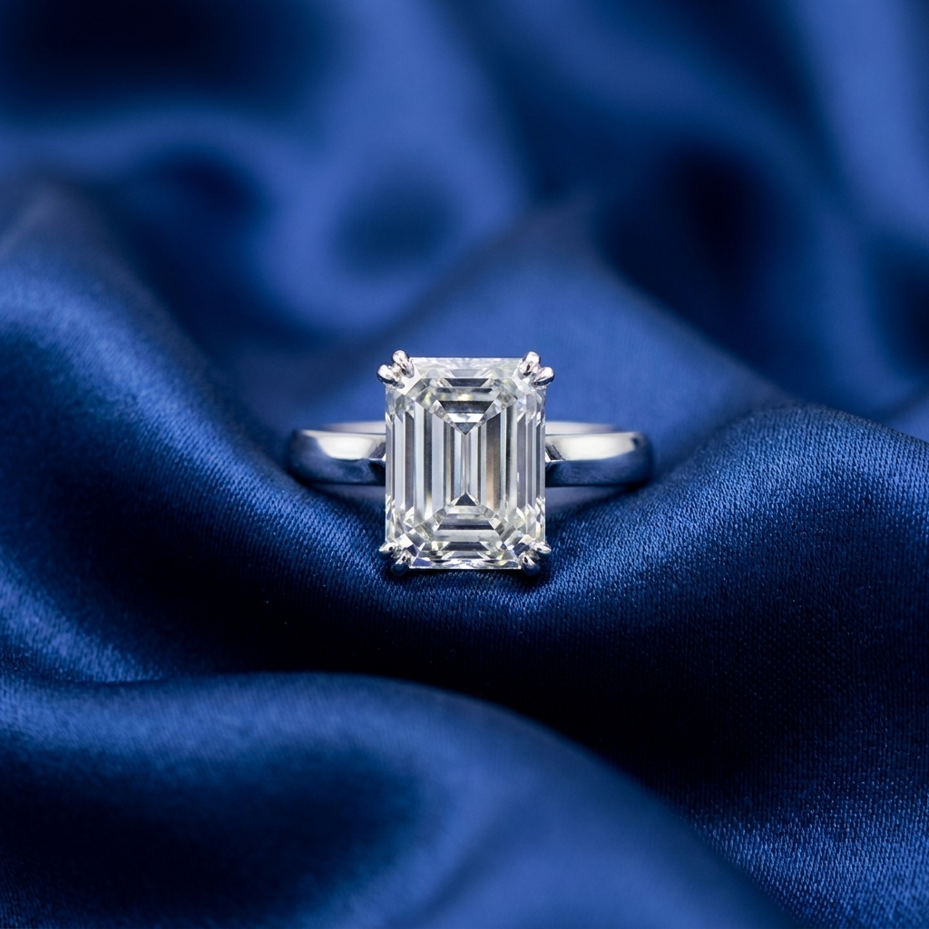 Emerald cut diamond solitaire engagement ring on a fine polished band