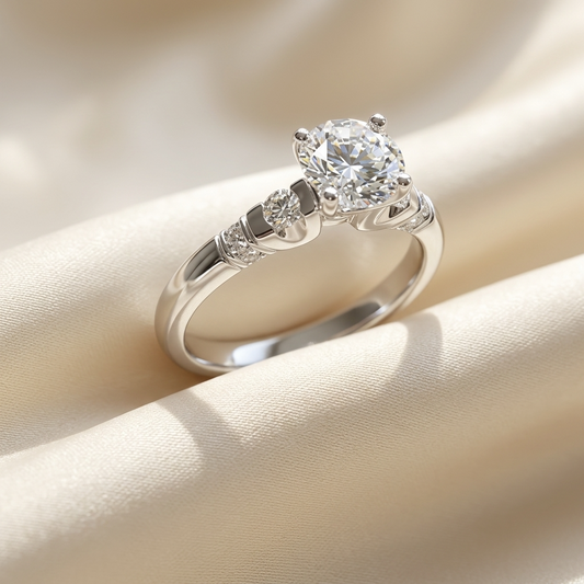 Round diamond ring with side stones - side view