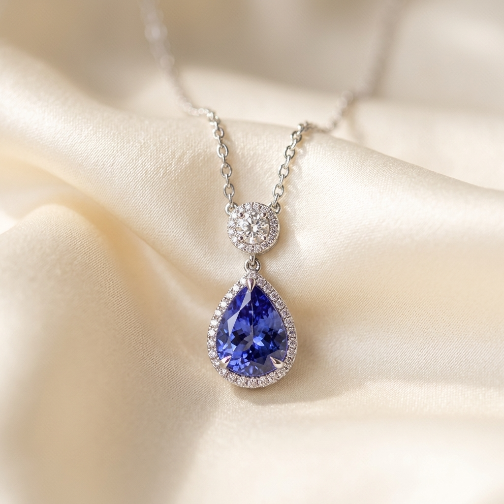 Pear shape tanzanite and diamond halo pendant - detail view