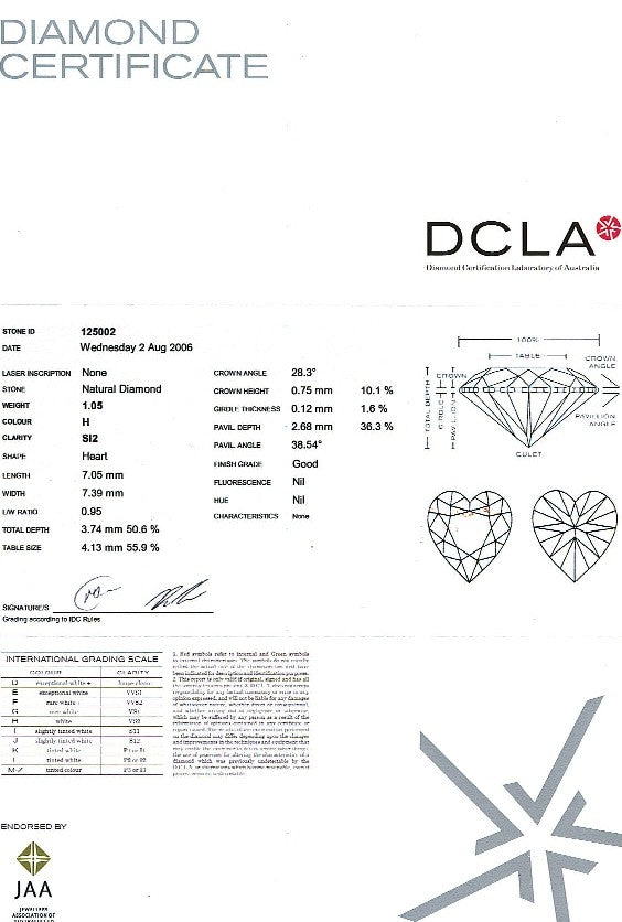 Heart Shape Diamond 1.05ct H SI1