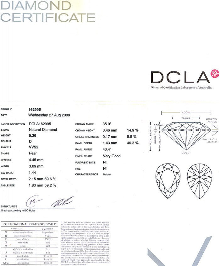 Pear Shape Diamond 0.20ct D VVS2