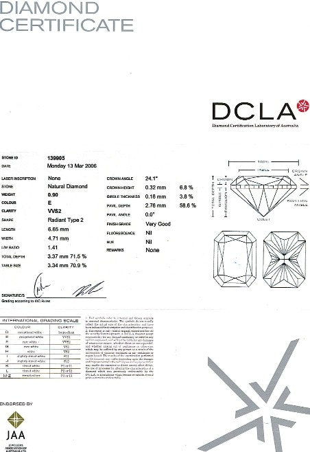 Radiant Cut Diamond 0.90ct E VVS2 - FS 172