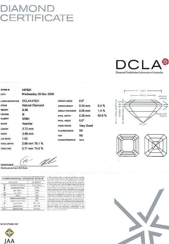 Asscher Cut Diamond 0.30ct D VVs1