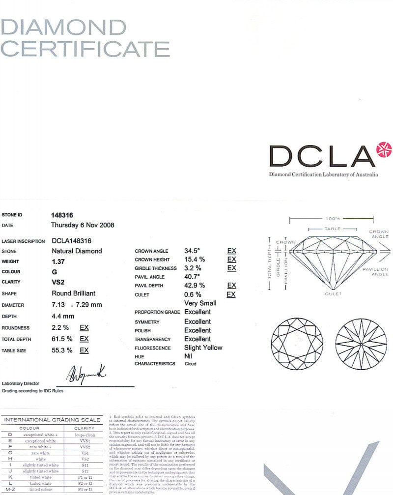 Round Brilliant Cut Diamond 1.37ct G VS2