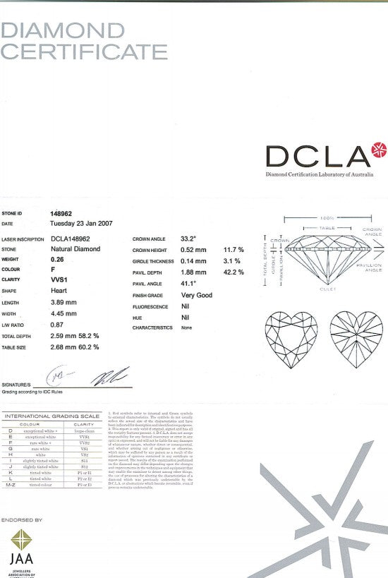 Heart Shape Diamond 0.26ct F VVS1